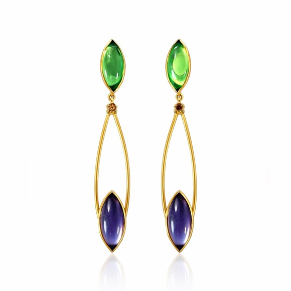 Unbranded Jewelry - Gold Tone Dangle Earrings with Green & Purple Marquise Cabochons 2”